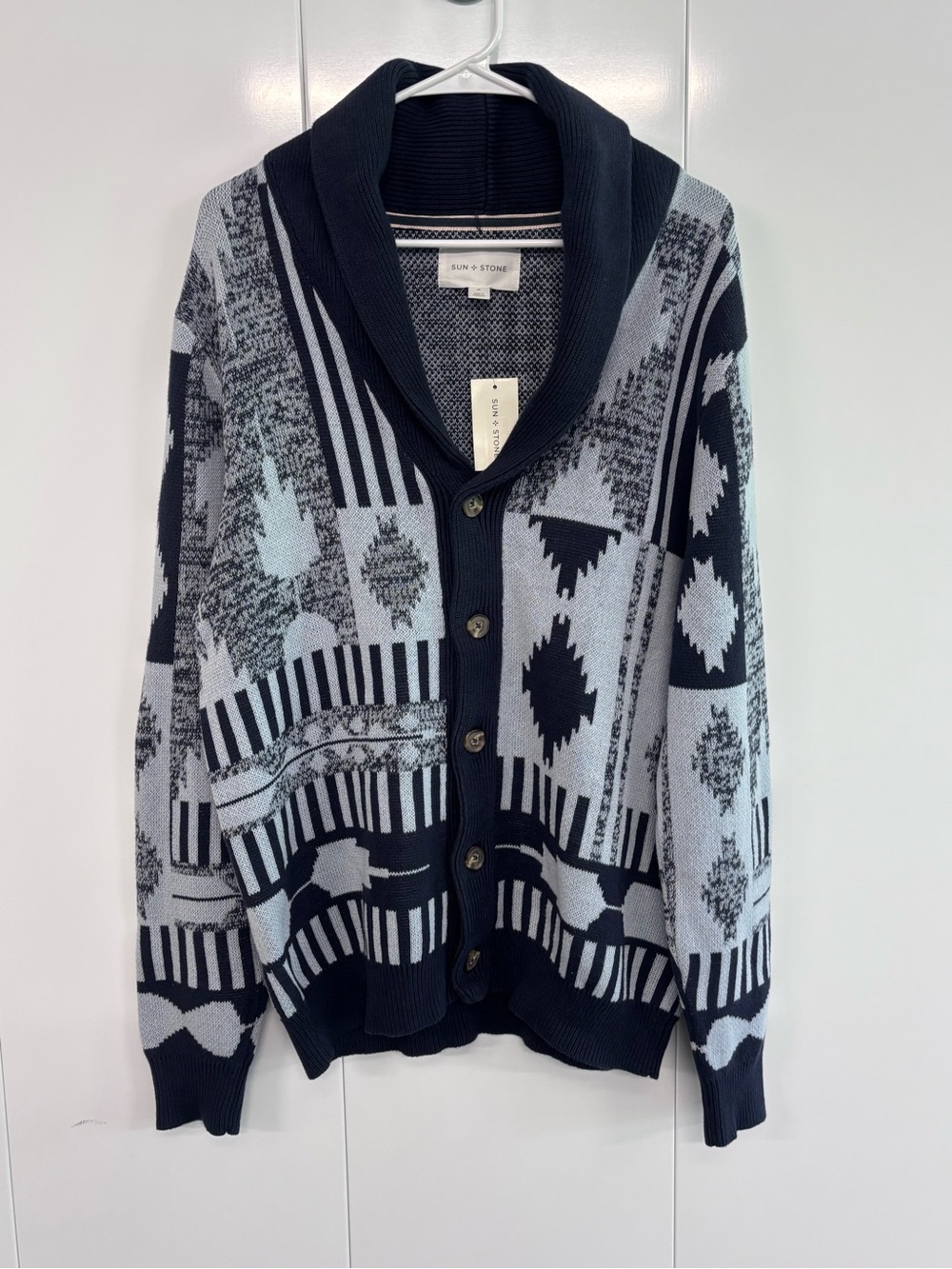 Sun+Stone Mens M Navy Blue Geometric Pattern Shawl Collar Cardigan Sweater NWT